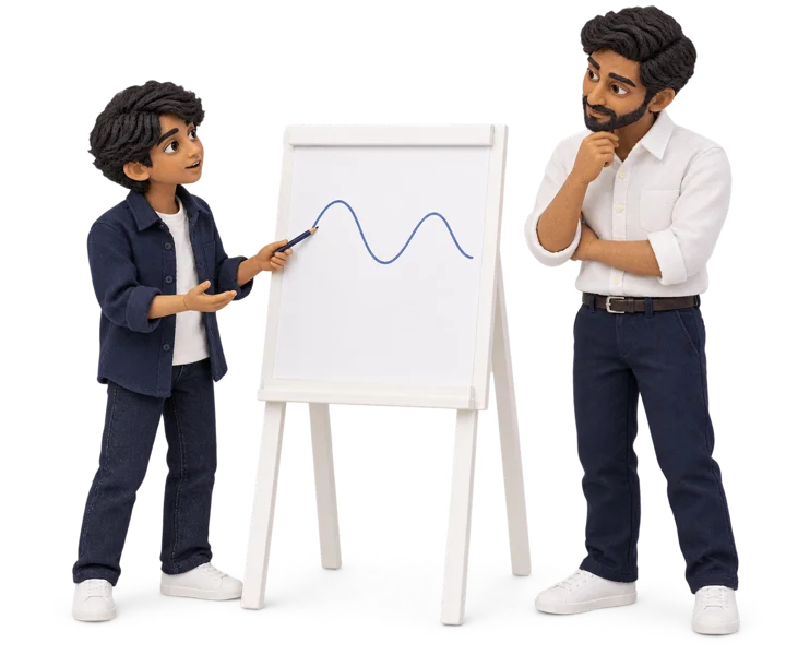 A miniature learner explaining an idea.