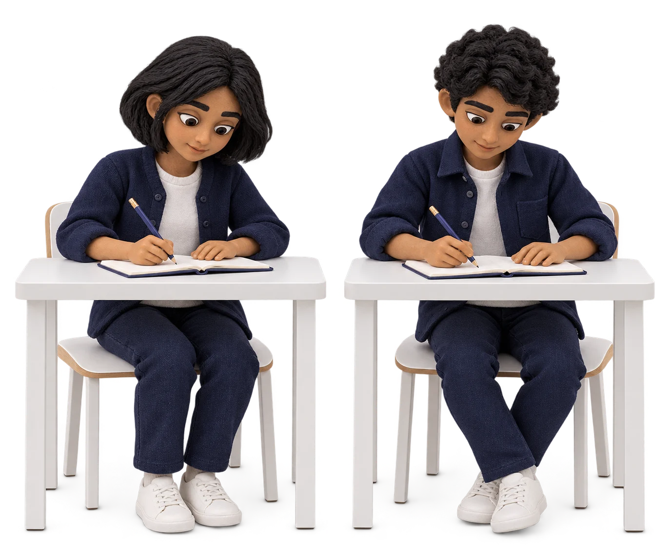 Two handmade miniature learners studying alongside one another at separate desks