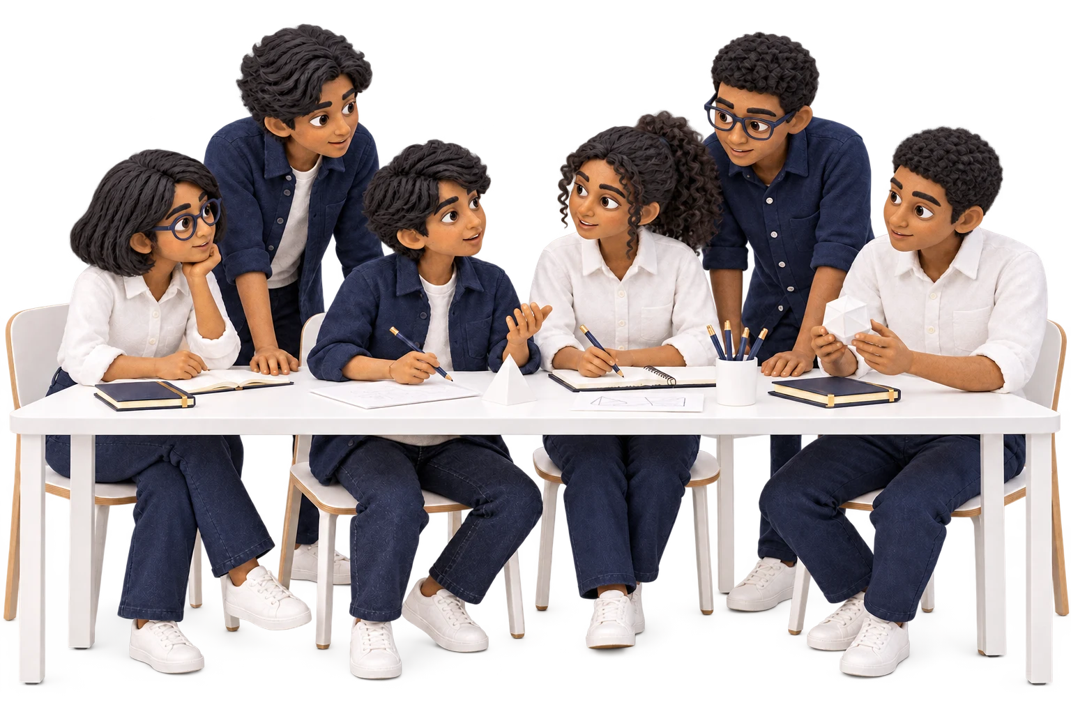 Six distinct handmade miniature learners gathered around a shared study table